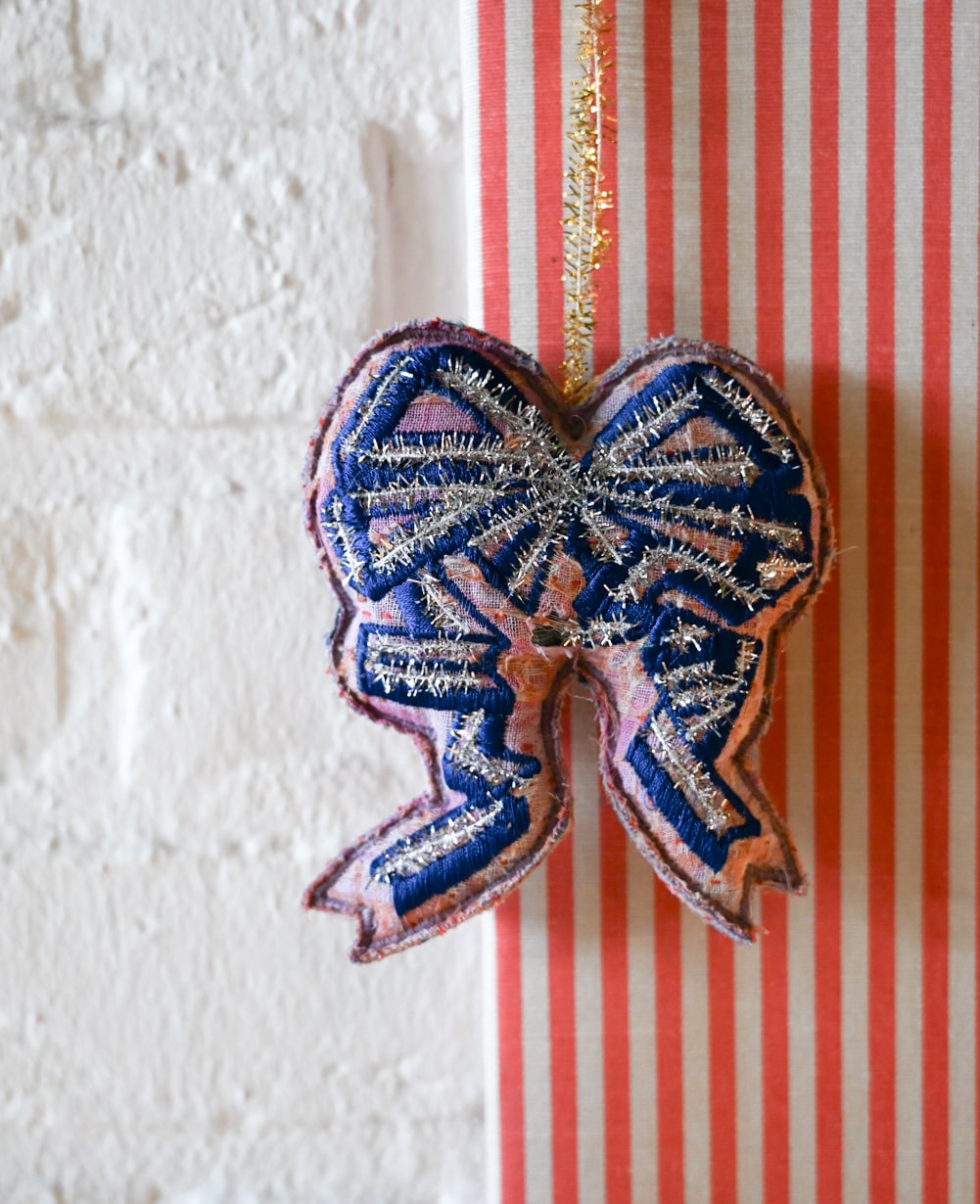 Christmas Bow Ornament - Silver Blue Pink