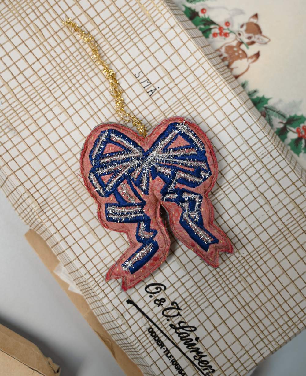 Christmas Bow Ornament - Silver Blue Pink